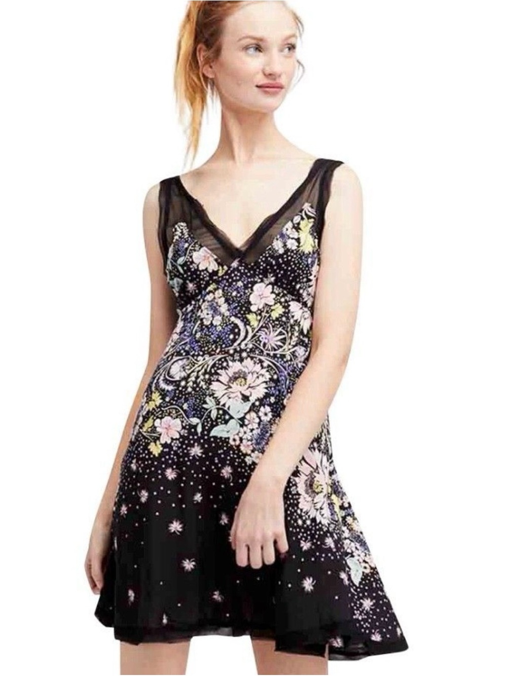 Free People Black Floral Sheer Blouse with Yellow Accents